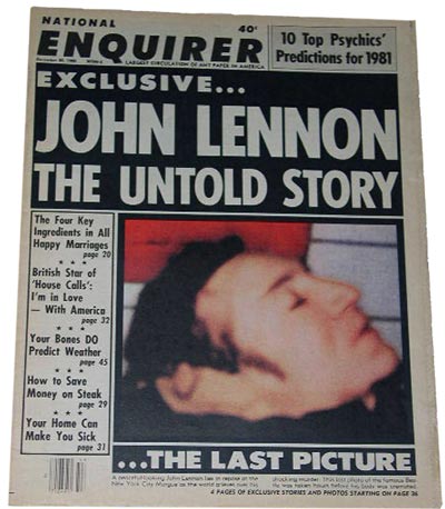 Таблоид National Enquirer с портретом мертвого «битла» на первой полосе. Снимок сделал сотрудник морга, куда привезли тело Леннона
