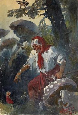 На картине Н. Каразина Баба-Яга хочет похитить ребенка, заблудившегося в лесу