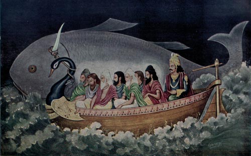 Индийская легенда о Всемирном потопе. Рыба спасает Ману. wikipedia 