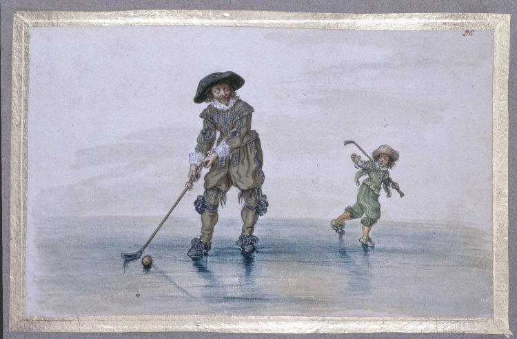 В игры, похожие на хоккей на траве, играли еще древние персы и греки. На лед же игру перенесли европейцы в XVI веке. Она была распространена в Англии, Франции и особенно в Голландии, где ее называли «бенди». Картина: Адриан ван де Венне