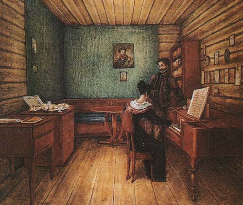 Сергей Волконский с женой в камере в Петровской тюрьме. Рисунок Николая Бестужева
