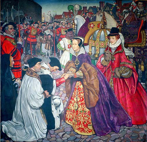 Приезд королевы Марии I и принцессы Елизаветы в Лондон в 1553 году, Джон Байам Листон Шоу, 1910 год. wikimedia