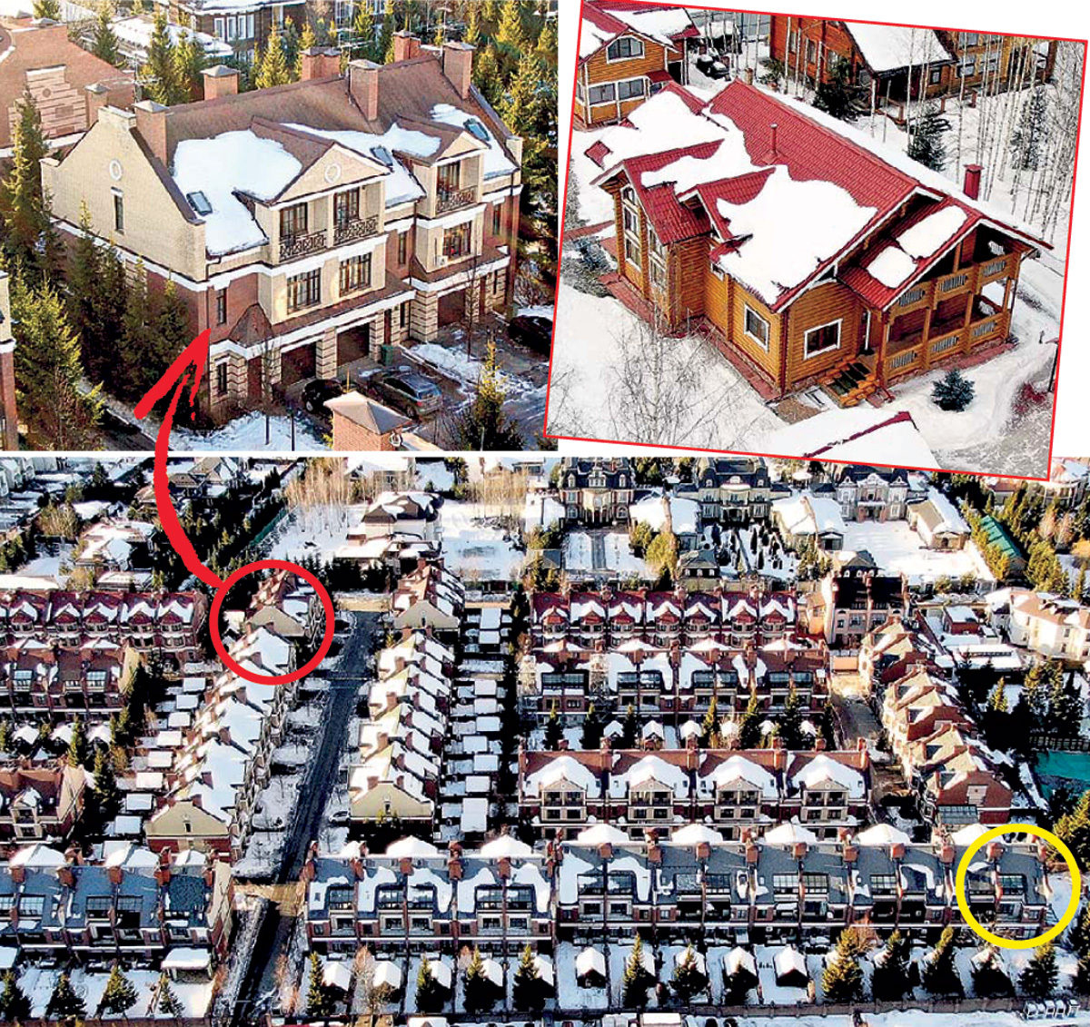 Продав уютный дом из сруба (на фото справа), Воля поселился в таунхаусе (на нижнем снимке выделен красным кругом) рядом с апартаментами Собчак (желтый круг). Фото Руслана Вороного/«Экспресс газета»