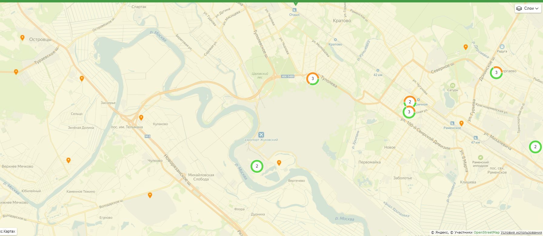 Интерактивная карта свалок в районе аэропорта Жуковский. Скриншот.