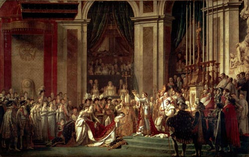 Жозефина преклоняет колени перед Наполеоном во время его коронации в Нотр-Дам. Позади него сидит папа Пий VII. Источник: ru.wikipedia.org
