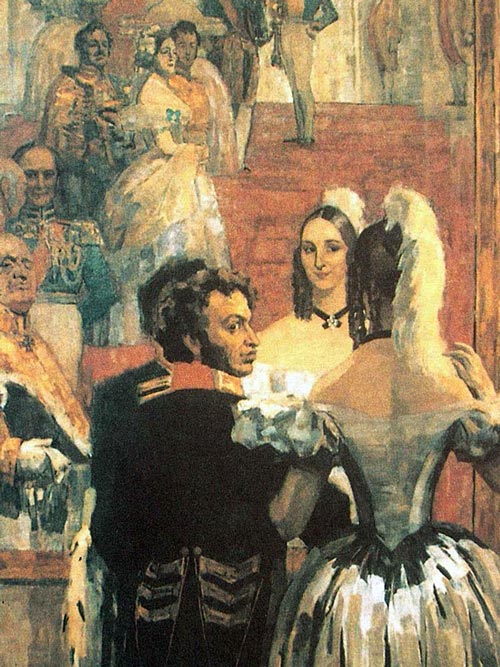 «Пушкин с женой перед зеркалом на придворном балу». Художник Н. Ульянов, 1936 г. / Public domain