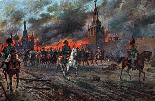 Наполеон (в центре) покидает горящий Кремль. Картина Виктора Мазуровского 