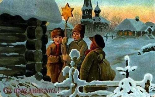 Рождественская дореволюционная открытка, художник Борис Зворыкин. wikimedia