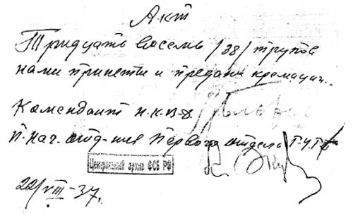 Акт о передаче на кремирование 38 трупов, подписанный Блохиным. Фото из архива ФСБ РФ