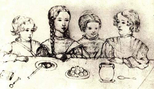 Дети Пушкина и Гончаровой Гриша, Маша, Таша, Саша, 1841 год. Рисунок Натальи Фризенгоф. Wikipedia