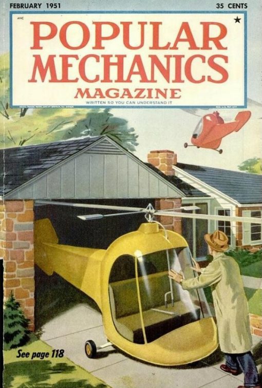А вот такие фантазии о будущем были у американского журнала «Популярная механика». Пока в СССР мечтали о развитии сельскохозяйственных машин, американцы уже мечтали о частных мини-вертолетах, которые полностью заменят автомобили.