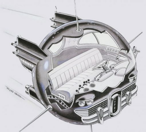 Ну и наконец самый невероятный концепт — фантазия художника DC Comics Рассела Хита, который представлял машину будущего двухместной, круглой, способной летать и похожей скорее на капсулу космонавта.