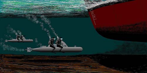 Боевые пловцы на торпеде «Майале». Источник: wikimedia 