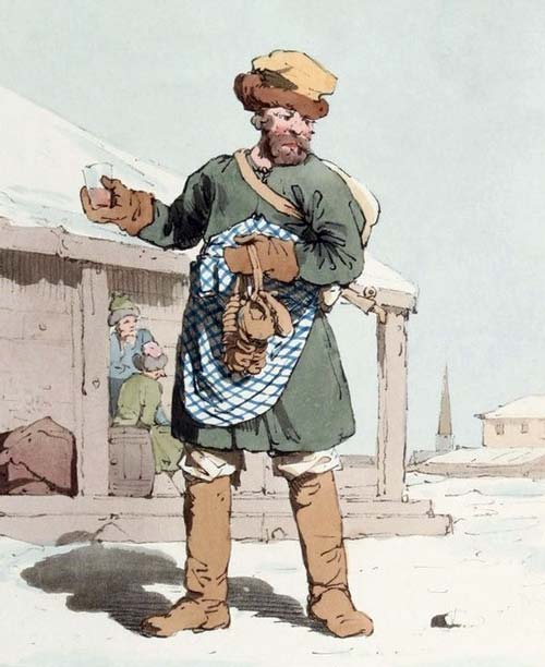 Сбитенщик, торгующий горячим сбитнем в холодное время года на улицах. Из альбома королевского придворного живописца Джона Аткинсона о быте, манерах и традициях Российской империи. 1803-1804