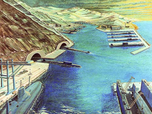Так, по мнению американского издательства, выглядела советская подземная база атомных субмарин. Источник: wikimedia.org