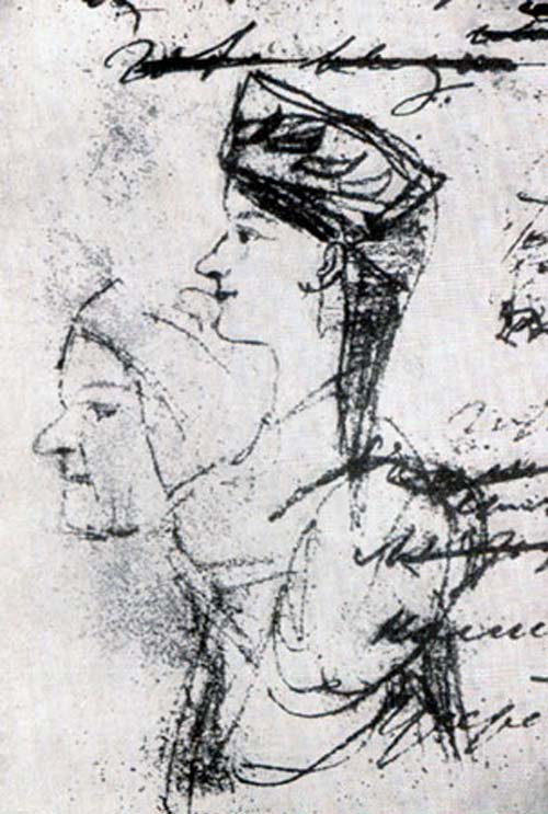 Рисунок А.С. Пушкина, предположительно изображающий Арину Родионовну в молодости и в старости (1828). Источник: wikipedia 