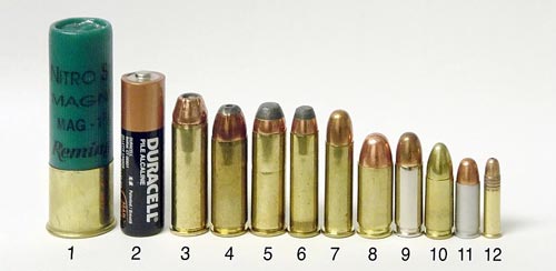 Различные пистолетные и револьверные патроны. № 12 - .22LR. Для сравнения приведены ружейный патрон 12-го калибра с гильзой длиной 76 мм (1) и элемент AA (2). Источник: wikipedia.org