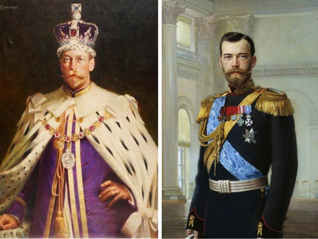 Слева: Портрет Георга V. Автор – Исаак Сноумен. Справа: Портрет Николая II. Автор – Эрнст Липгарт