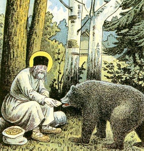 Старец кормит медведя. Фрагмент литографии. Источник: wikipedia