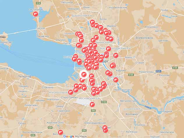 Фрагмент интерактивной карты заказных убийств в Санкт-Петербурге,1992-2005