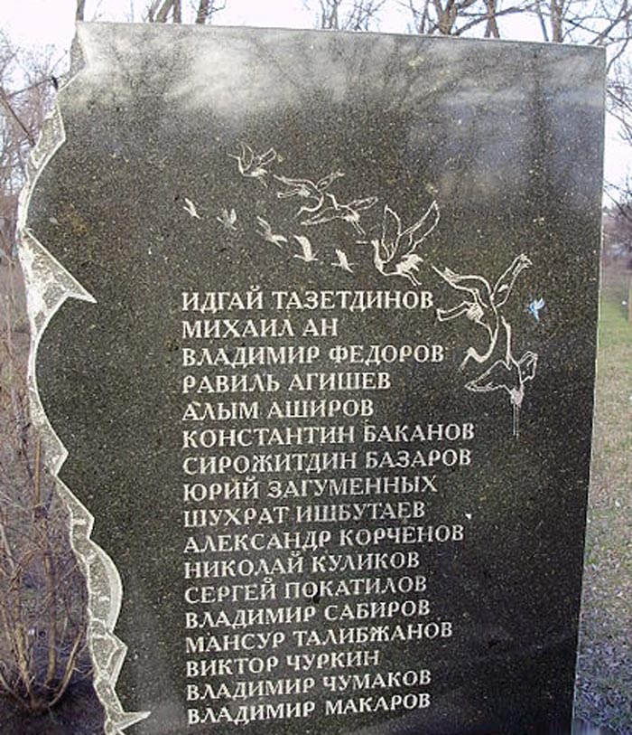 Памятная плита со списком всех погибших членов команды «Пахтакор». Источник wikimedia.org