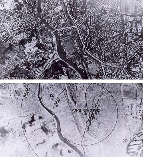 Нагасаки до и после ядерного взрыва. Кадры аэрофотосъемки. Источник: wikimedia.org