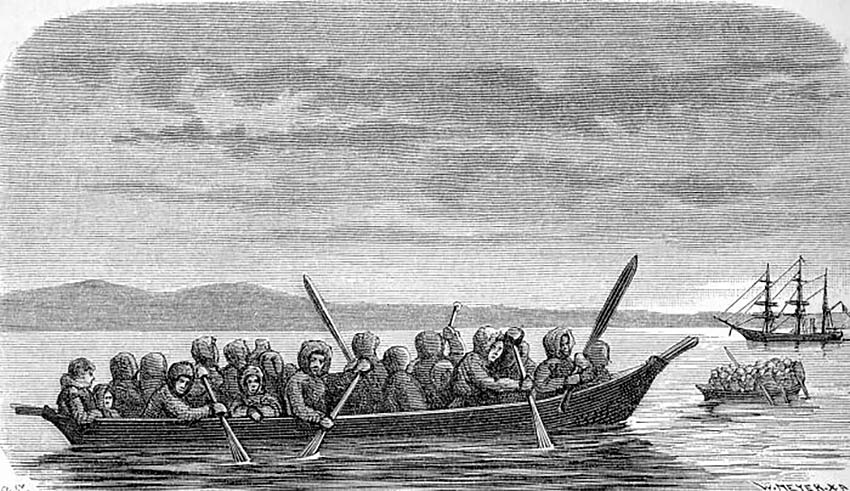 Чукчи во время охотничьего похода на байдарке.