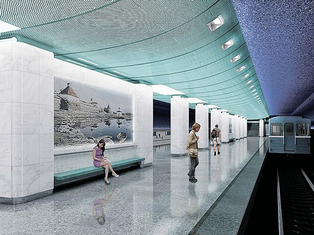 Белый мрамор и цвет морской волны — оформление станции перенесет нас на Русский Север