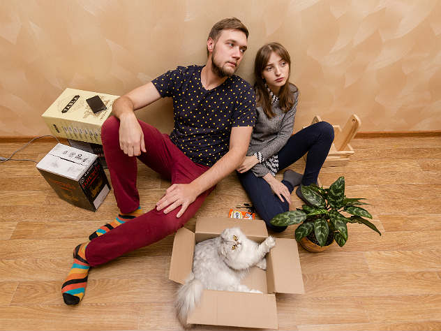 Челябинск ипотека недвижимость жилье новоселы новоселье заселение новая квартира коробка вещи цветок переезд молодой человек девушка кот кошка животное