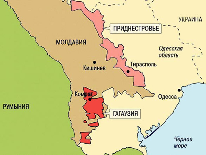 На карте Юго-Восточной Европы красным цветом обозначена Гагаузская Автономия