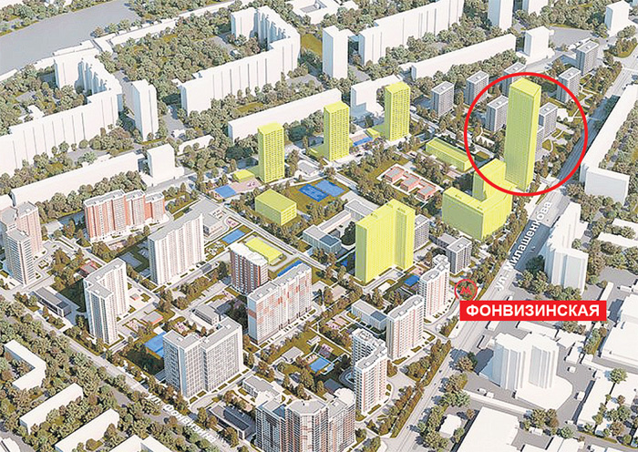 Проект планировки Бутырского микрорайона с нависающей над ним 135-метровой башней (в круге)