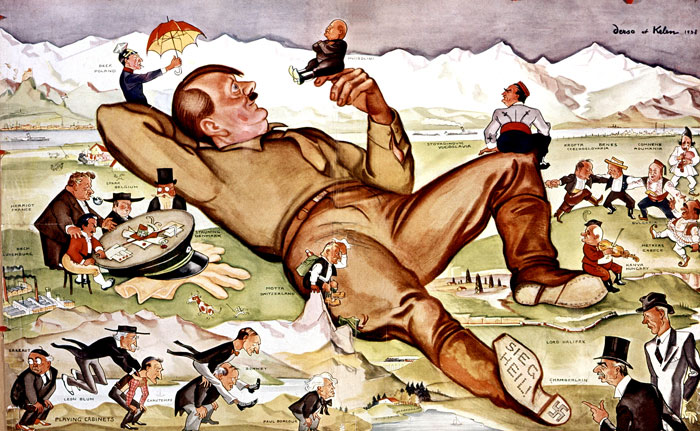 Гитлер-Гулливер среди европолитиков-лилипутов на карикатуре 30-х годов