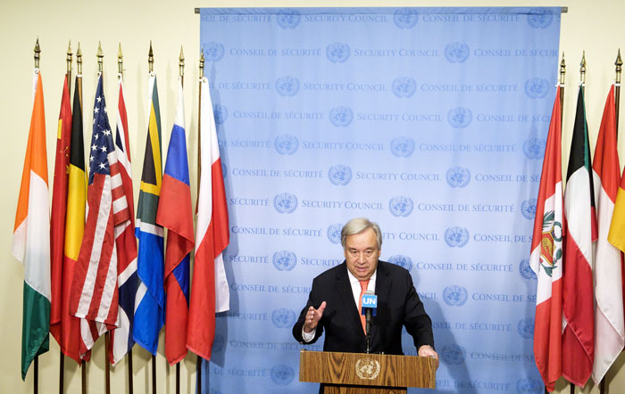Брифинг генерального секретаря ООН Антониу Гутерриша в штаб-квартире организации в Нью-Йорке