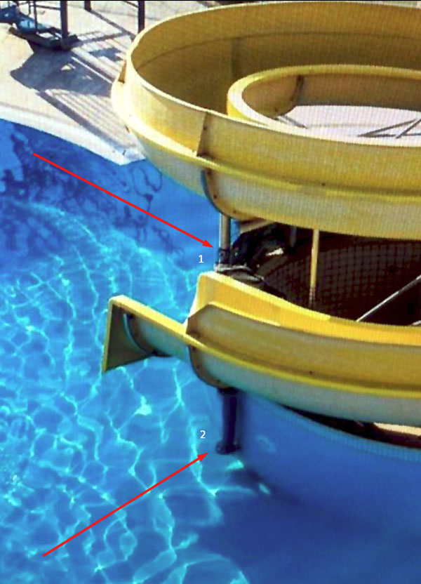 1. Труба вдоль горки, пристроенная в нарушение правил; 2. Отверстие заборной трубы - ее диаметр больше 110 мм. Здесь, под водой, и нашли девочку