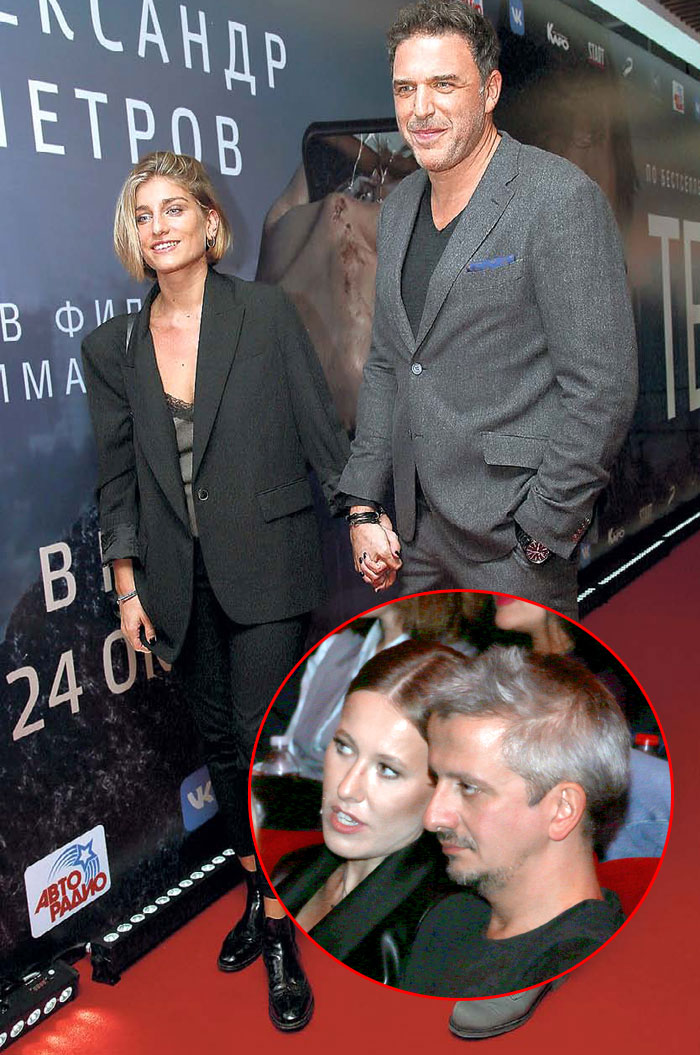 Макс Виторган расцвел от чувств к молоденькой Нино Нинидзе, а его бывшая - Ксения Собчак с новоявленным мужем Константином Богомоловым (в круге) старались не попадаться им на глаза