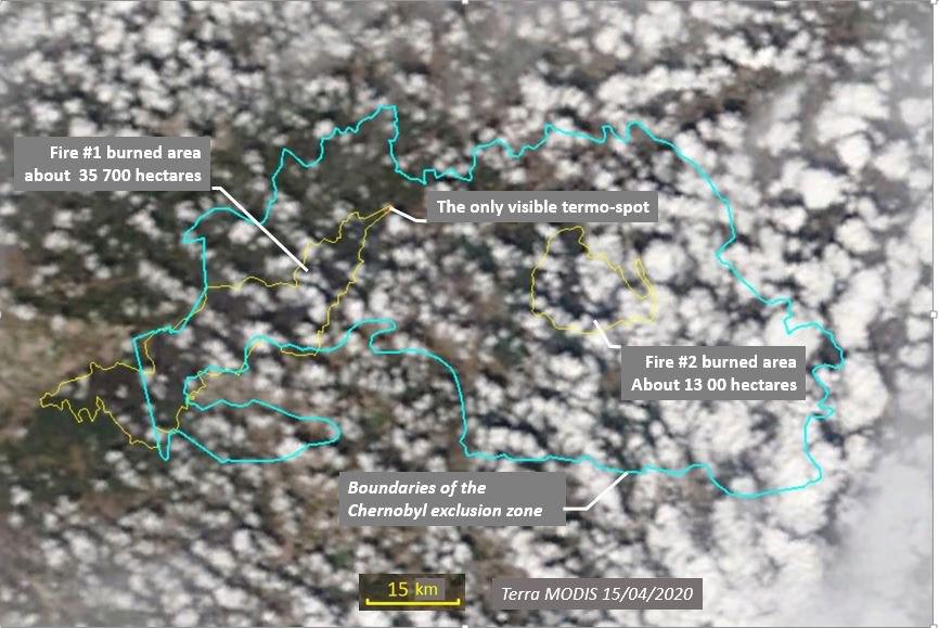 Снимок со спутника Terra MODIS, который показывает, что область пожаров на порядки больше, чем в официальных заявлениях украинских властей