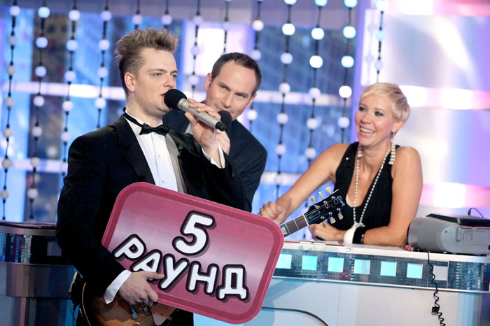 С соведущими по «Хорошим шуткам» - Шацем и Лазаревой