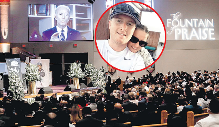 На похоронах бандита Джорджа Флойда показали видеобращение кандидата в президенты Джо Байдена. Смерть от рук полиции белого Тони Тимпы (в круге) не заметил никто.