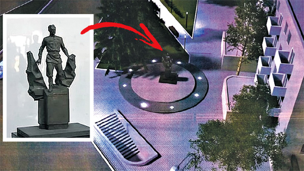 Проект памятника Амет-Хану Султану скульптора Айдера Алиева и место его установки в сквере между Пионерским переулком и проспектом Кирова