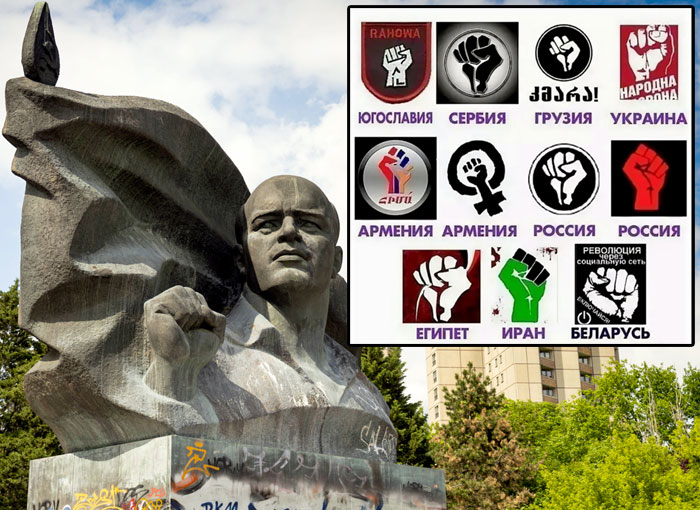 Памятник Эрнсту Тельману в Берлине. Немецкие коммунисты приветствовали друга друга, поднимая вверх сжатый кулак. Этот жест всегда ассоциировался с самой благородной, честной и справедливой политической партией, поэтому американские политтехнологи его нагло позаимствовали и используют во время цветных революций по всему миру