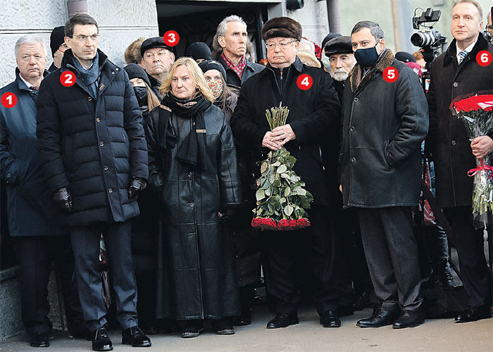 Председатель Федерации независимых профсоюзов России Михаил Шмаков (1), член Совета безопасности РФ Игорь Щеголев (2), гендиректор Большого театра Владимир Урин (3),экс-премьер Сергей Степашин (4), председатель Комитета Госдумы по информполитике Александр Хинштейн (5), председатель госкорпорации развития «ВЭБ.РФ» Игорь Шувалов (6)