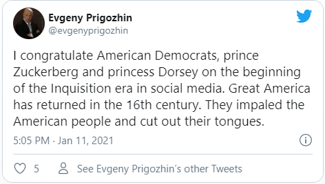 Пригожин в своем Twitter сравнил демократов США с инквизицией