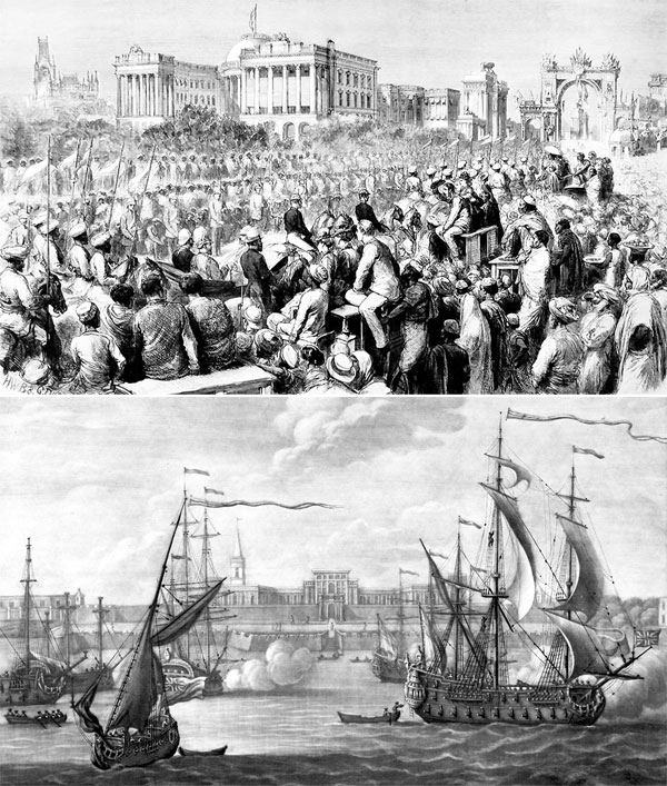 На гравюре середины XIX века - античный дворец в Калькутте, а на гравюре начала XVIII века - античный форт Уильям. Их якобы построили индусам англичане. Но завоеватели ничего не строили, а грабили