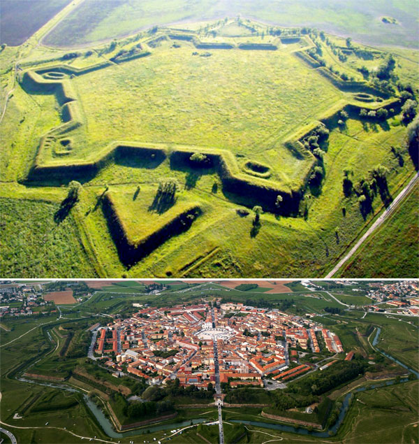 Таких совершенно одинаковых крепостей-звезд по типу Петропавловки на всех континентах мира найдено около тысячи. 1 - под Ростовом-на-Дону, 2 - в итальянской Пальманове