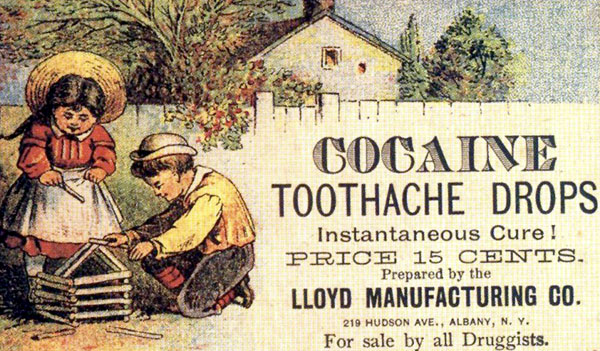 Реклама детских капель с кокаином от зубной боли (США, 1885 год)