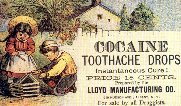 Реклама детских капель с кокаином от зубной боли (США, 1885 год)