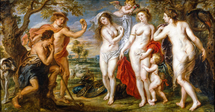В «конкурсе красоты» среди богинь Афродита обошла Афину и Геру, тайно воспользовавшись косметикой (Питер Пауль Рубенс «Суд Париса», 1639 г.)