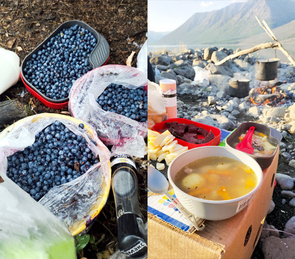 Еда в походе может быть вкусной! Голубика и один из ужинов: супчик с картошкой, вяленая оленина, сыр, хлеб и чеснок