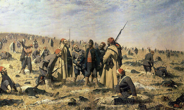 «Победители», 1878 - 1879 гг. Турецкие солдаты глумятся над обезглавленными русскими, хохоча примеряют снятые с них вещи