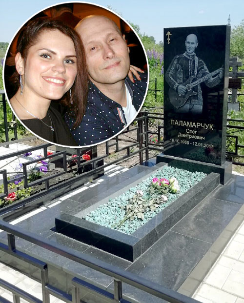 Мария Рощупкина и Олег Паламарчук (в круге). На надгробном памятнике Олег запечатлен с гитарой